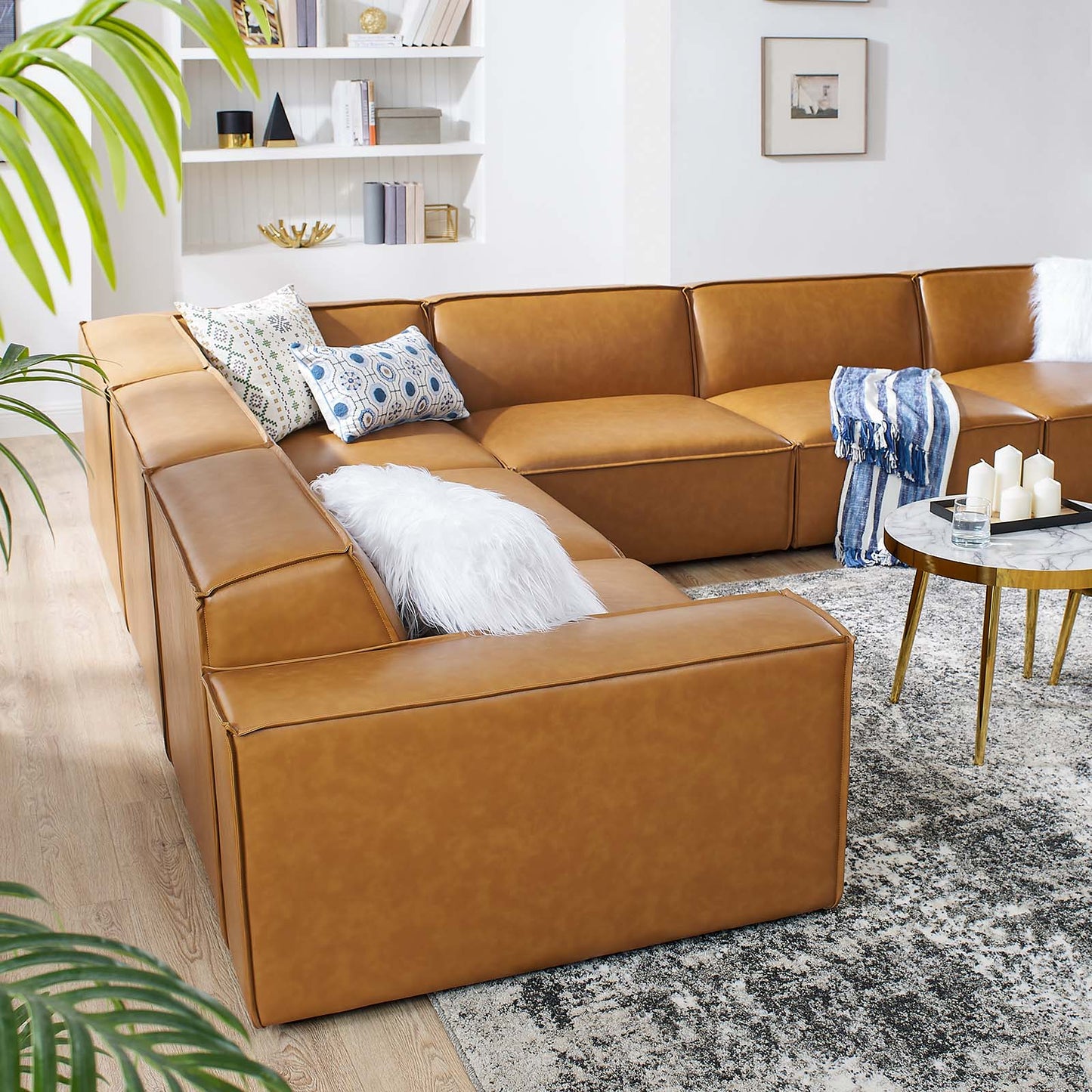 Restore 6 Pieces Vegan Leather Sectional Sofa in Tan by Modway