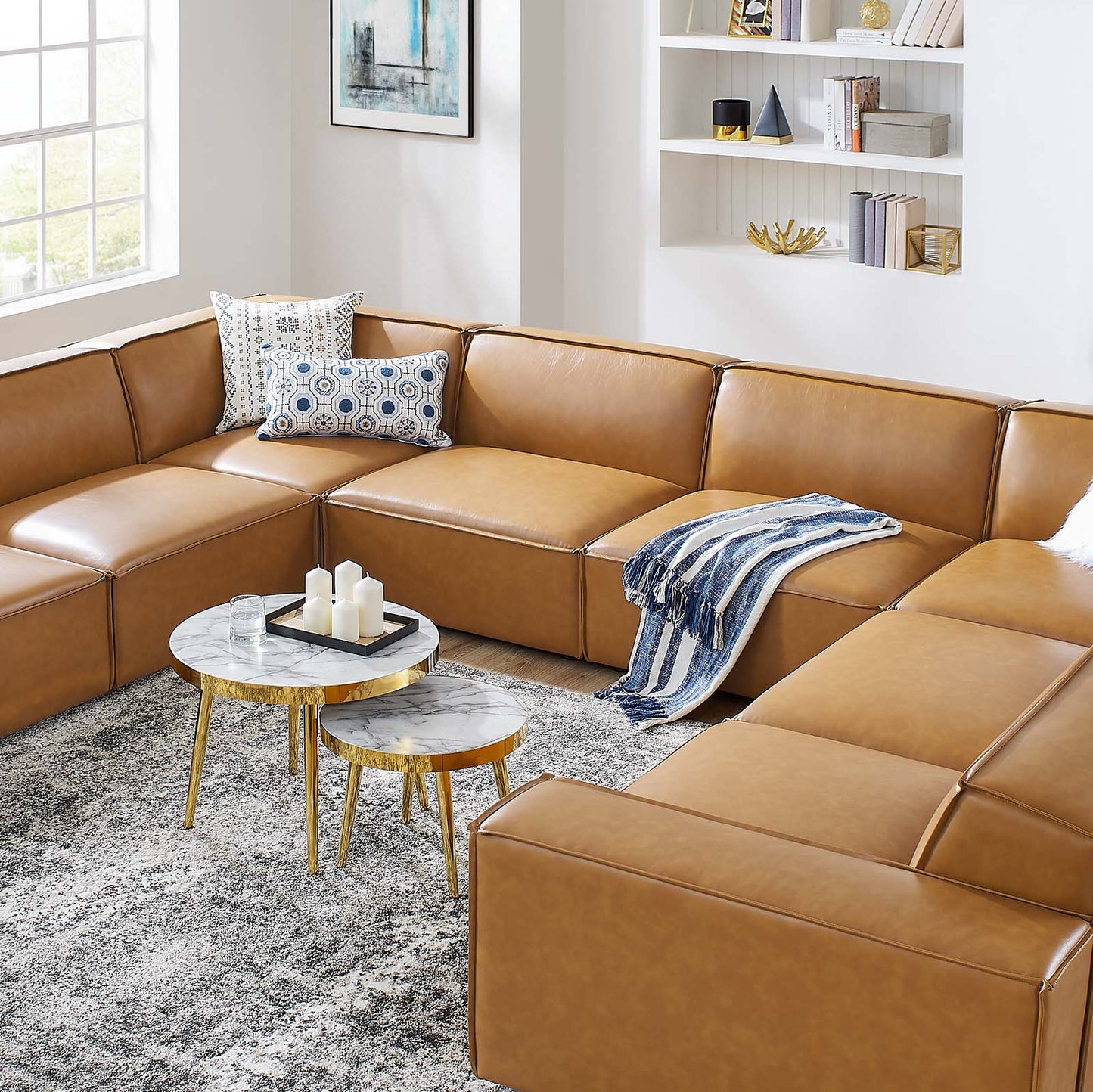 Restore 8 Pieces Vegan Leather Sectional Sofa in Tan by Modway