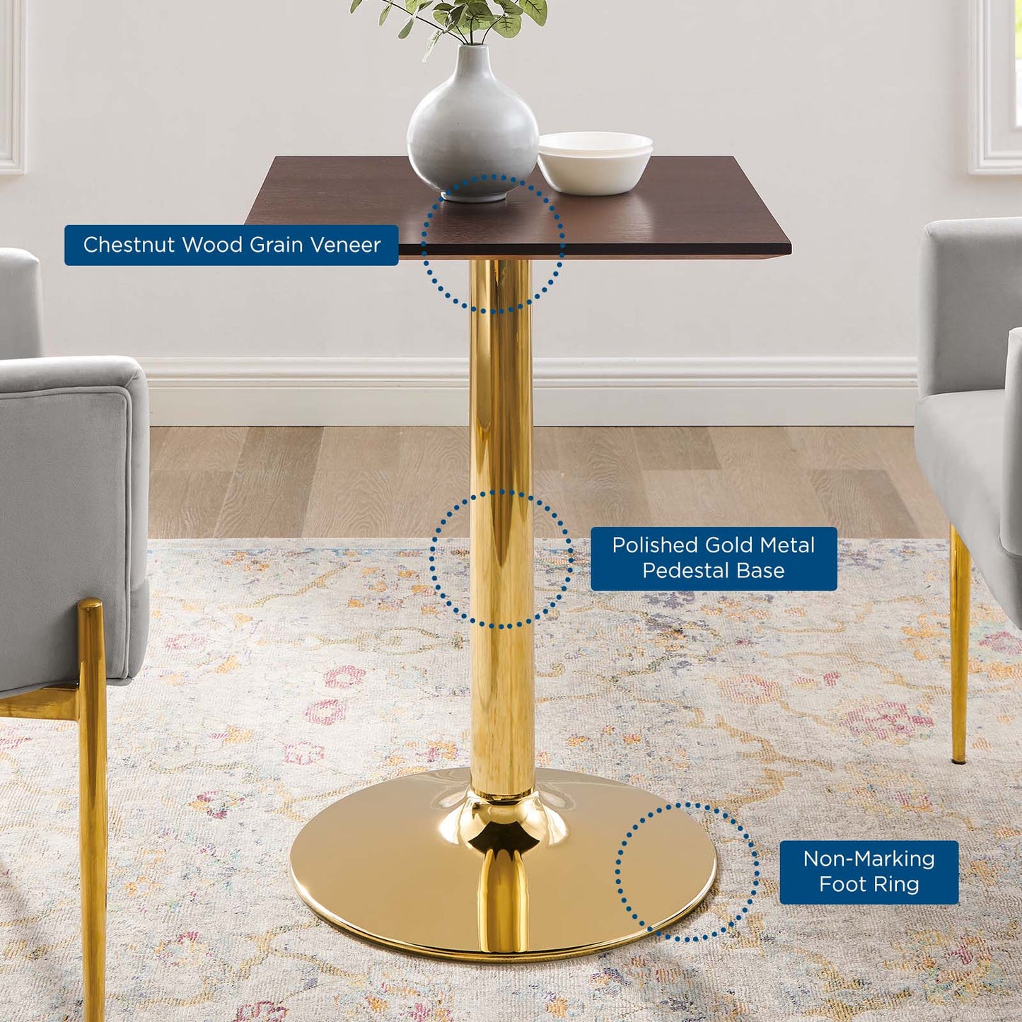 Verne 24" Square Dining Table in Gold by Modway