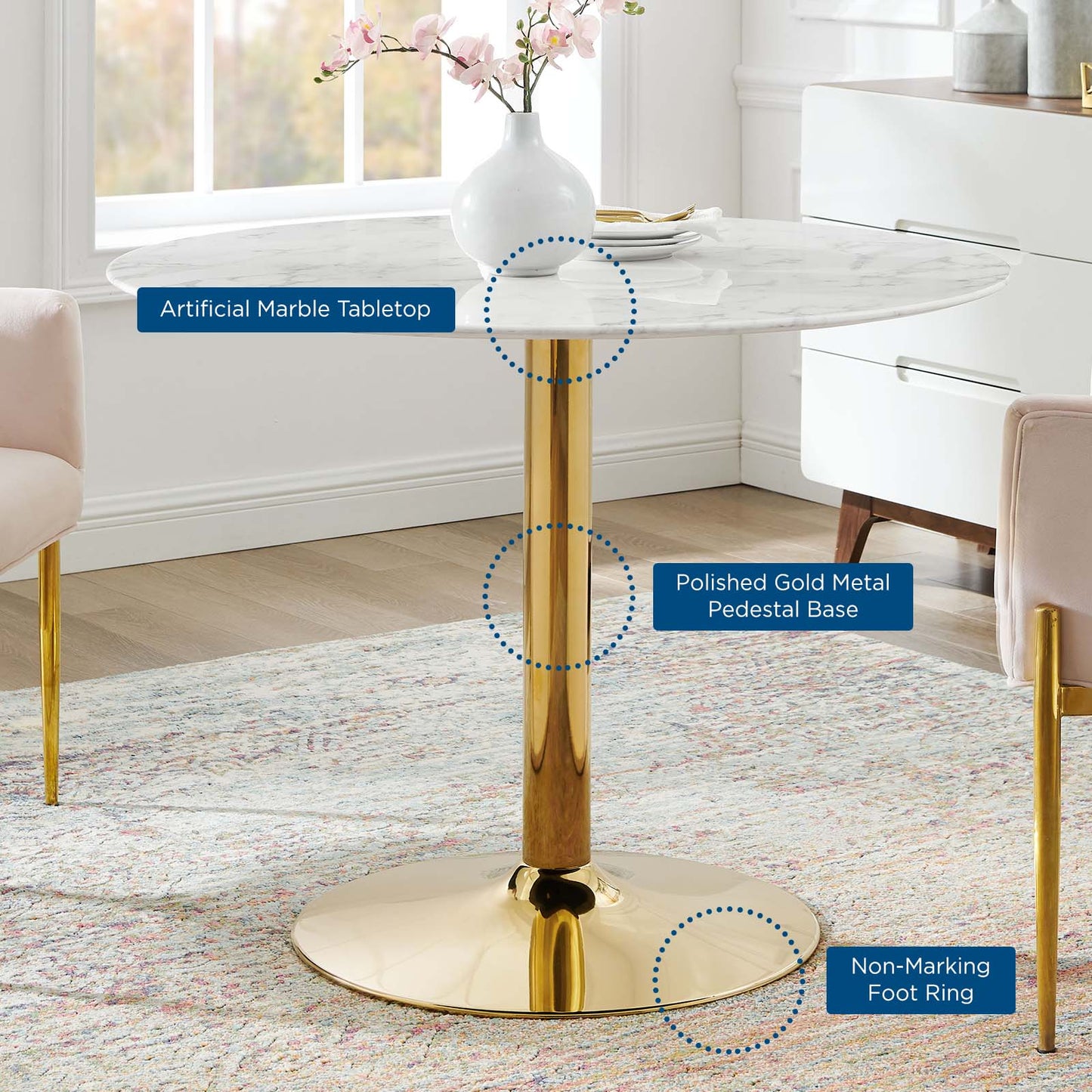 Verne 40" Artificial Marble Dining Table in Gold White by Modway