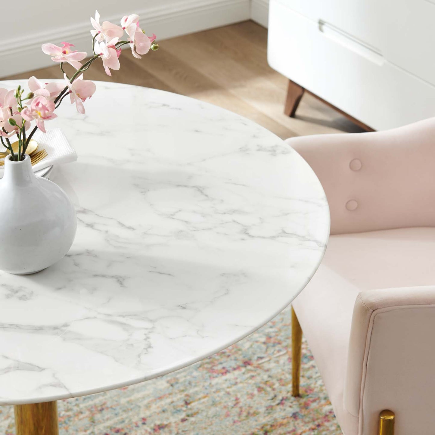 Verne 40" Artificial Marble Dining Table in Gold White by Modway