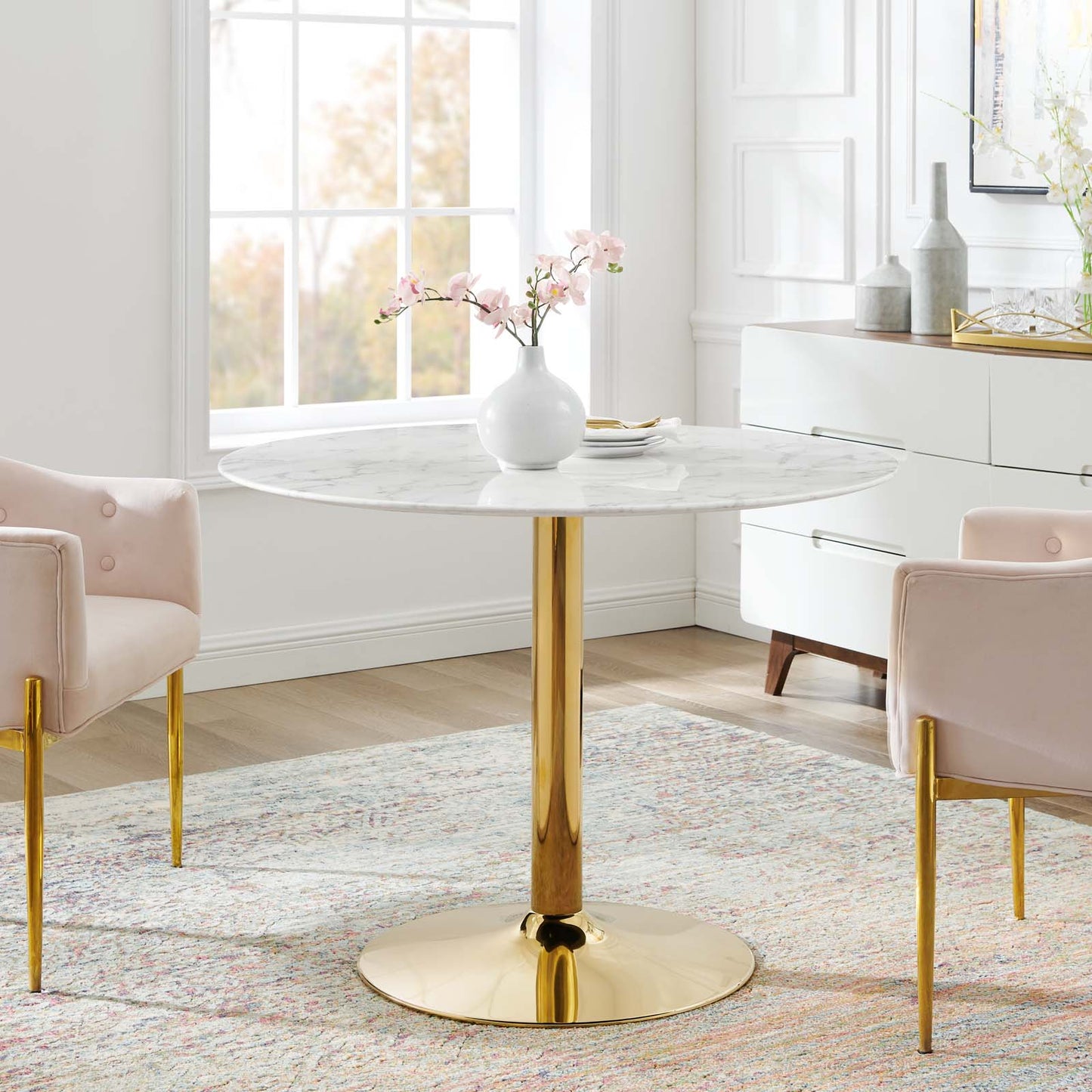 Verne 40" Artificial Marble Dining Table in Gold White by Modway