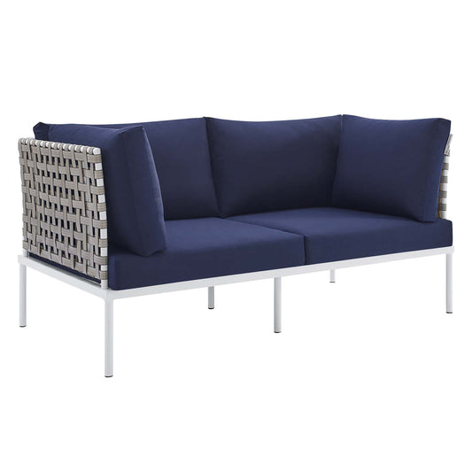 Harmony Sunbrella Basket Weave Outdoor Patio Aluminum Loveseat Tan Navy by Modway