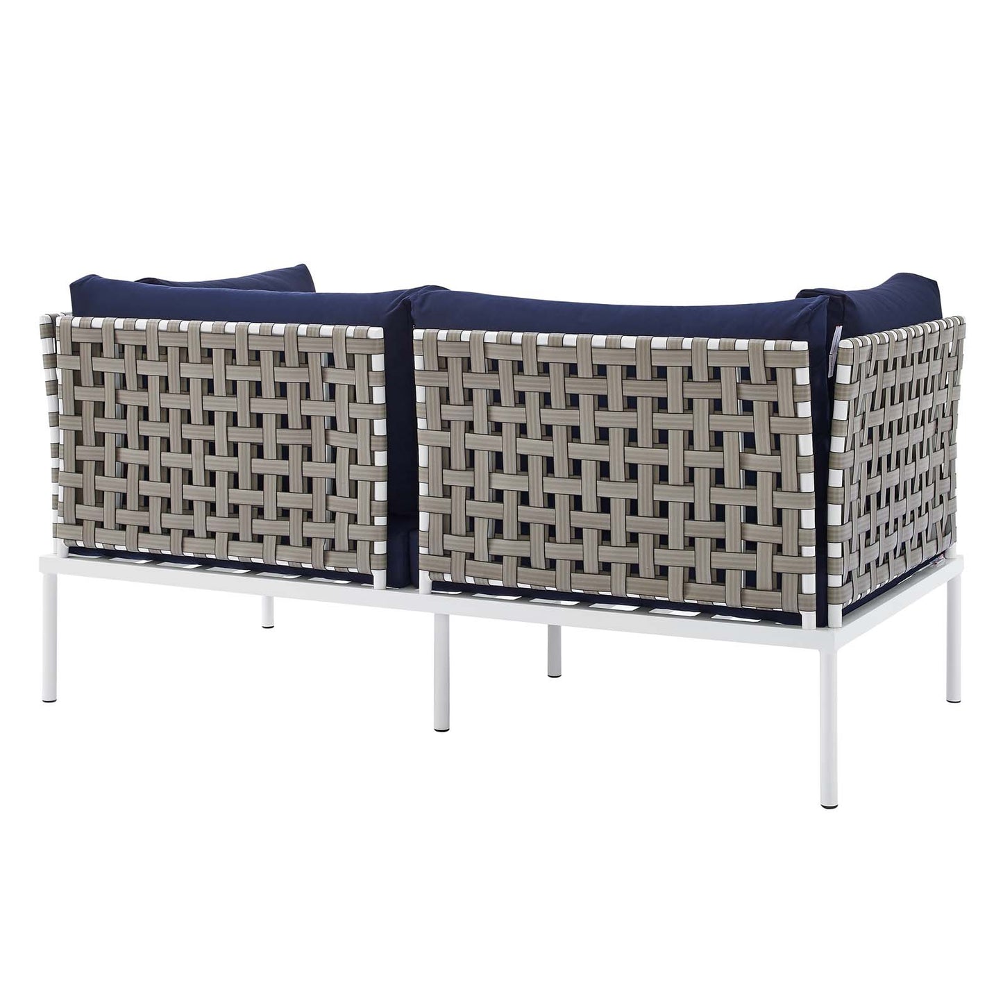 Harmony Sunbrella Basket Weave Outdoor Patio Aluminum Loveseat Tan Navy by Modway