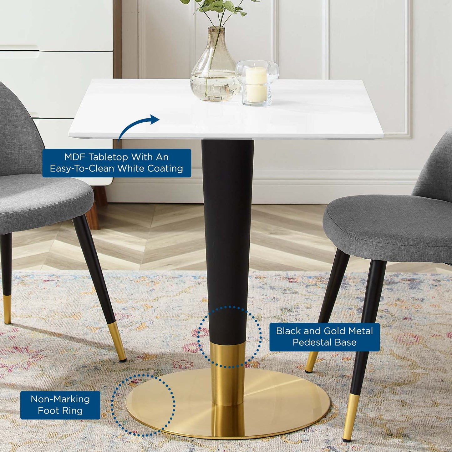 Zinque 28" Square Dining Table Gold White by Modway