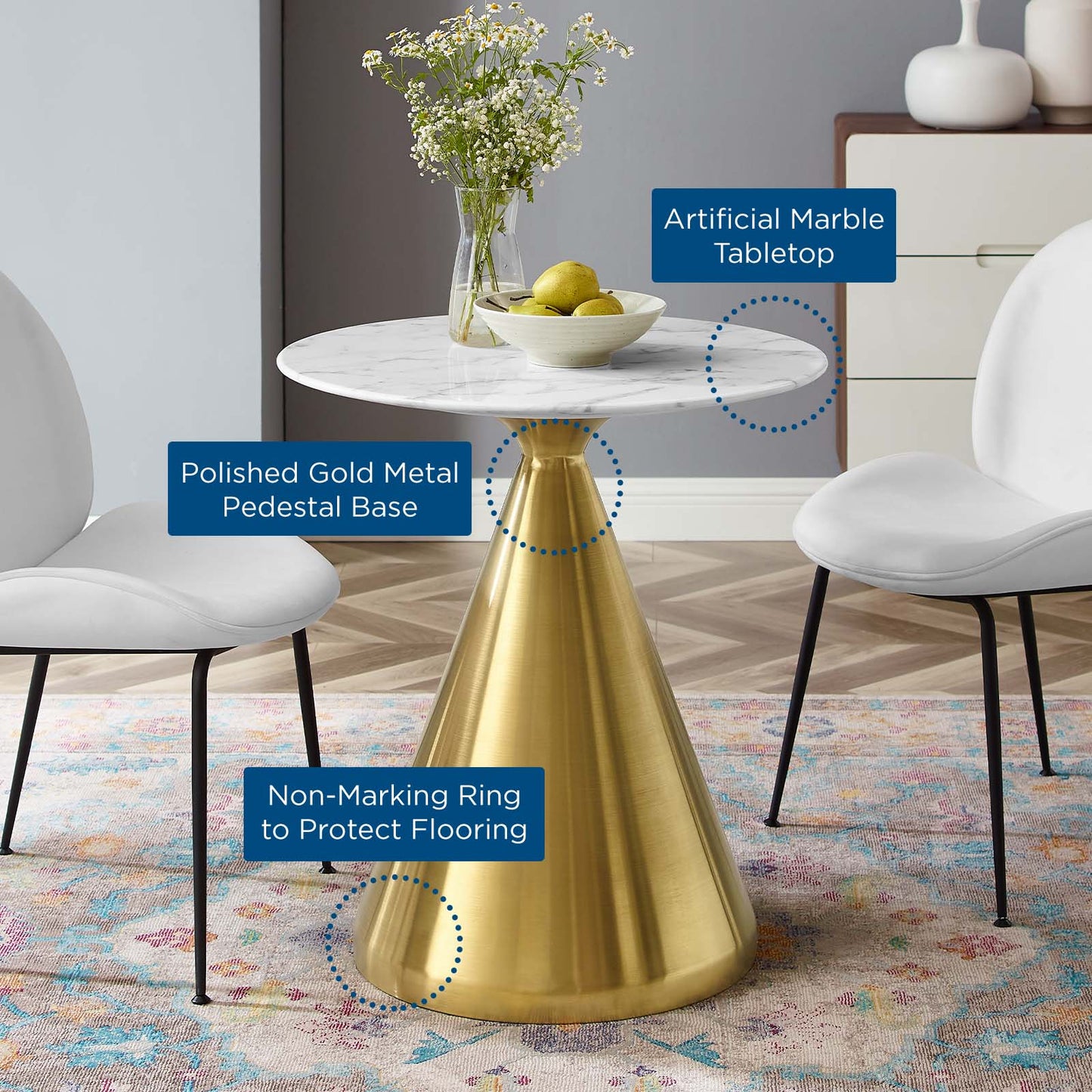 Tupelo 28" Artificial Marble Dining Table Gold White by Modway
