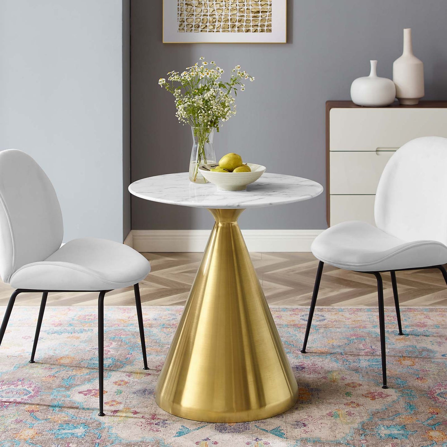 Tupelo 28" Artificial Marble Dining Table Gold White by Modway