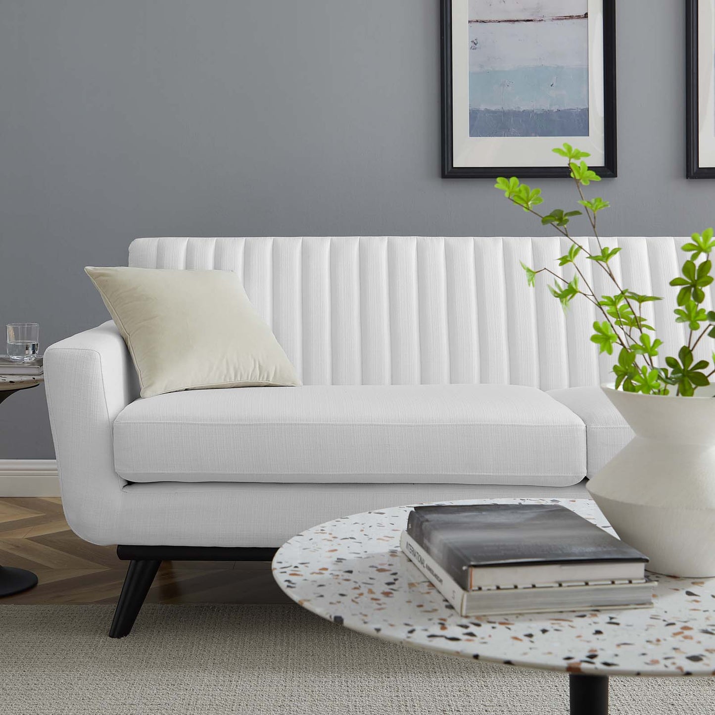 Engage Channel Tufted Fabric Sofa White | Polyester by Modway