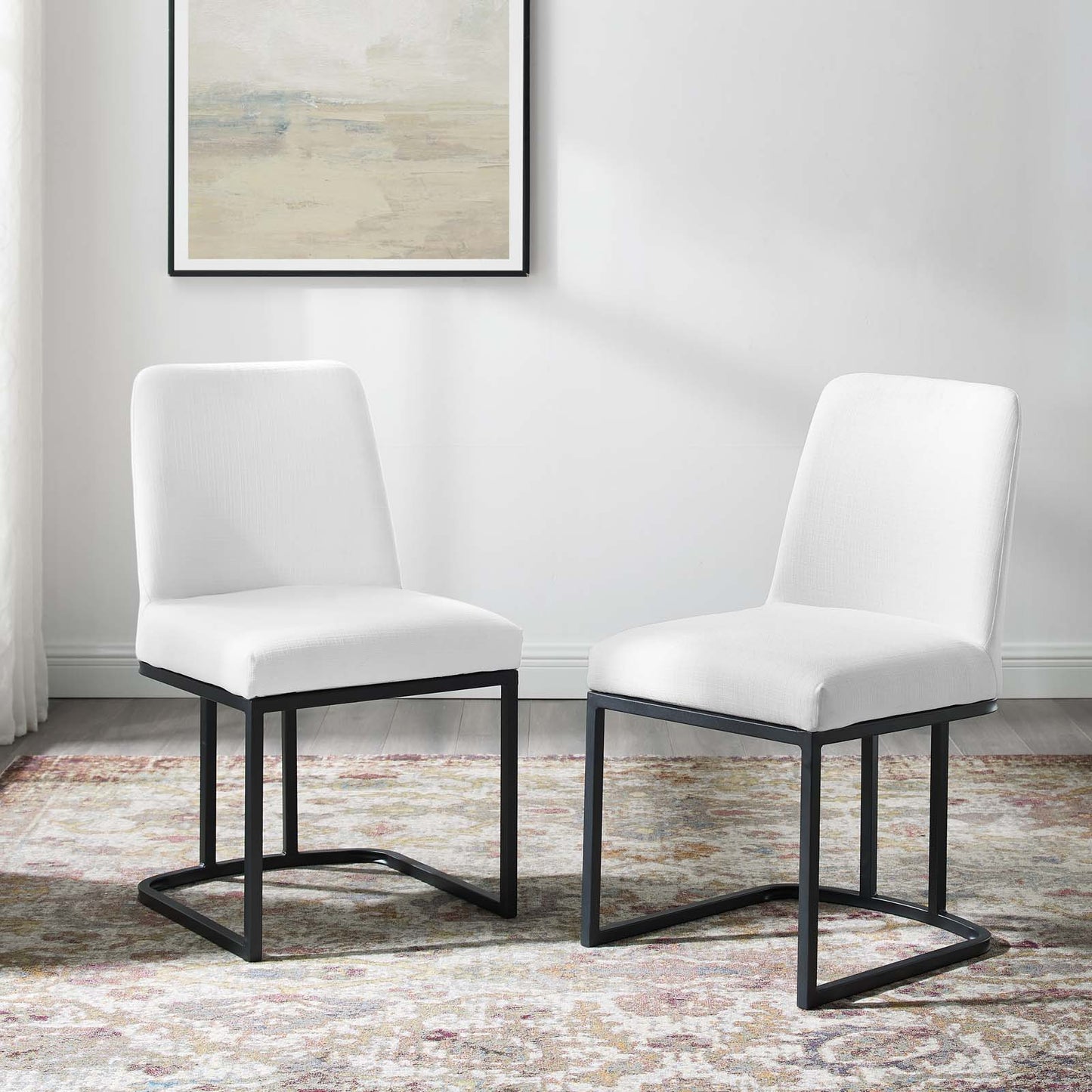 Amplify Sled Base Upholstered Fabric Dining Chairs - Set of 2 Black White | Polyester by Modway
