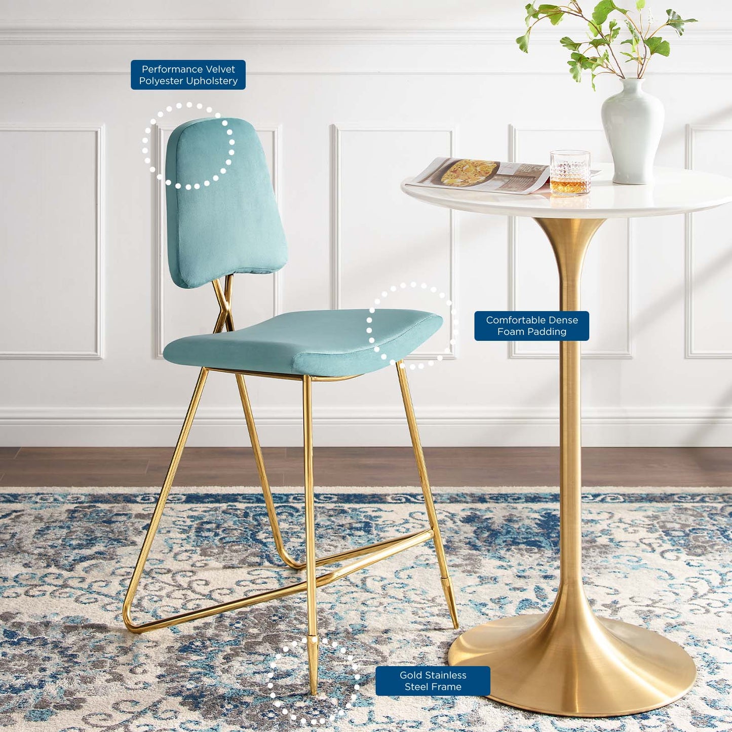 Ponder Bar Stool Performance Velvet Set of 2 | Polyester by Modway