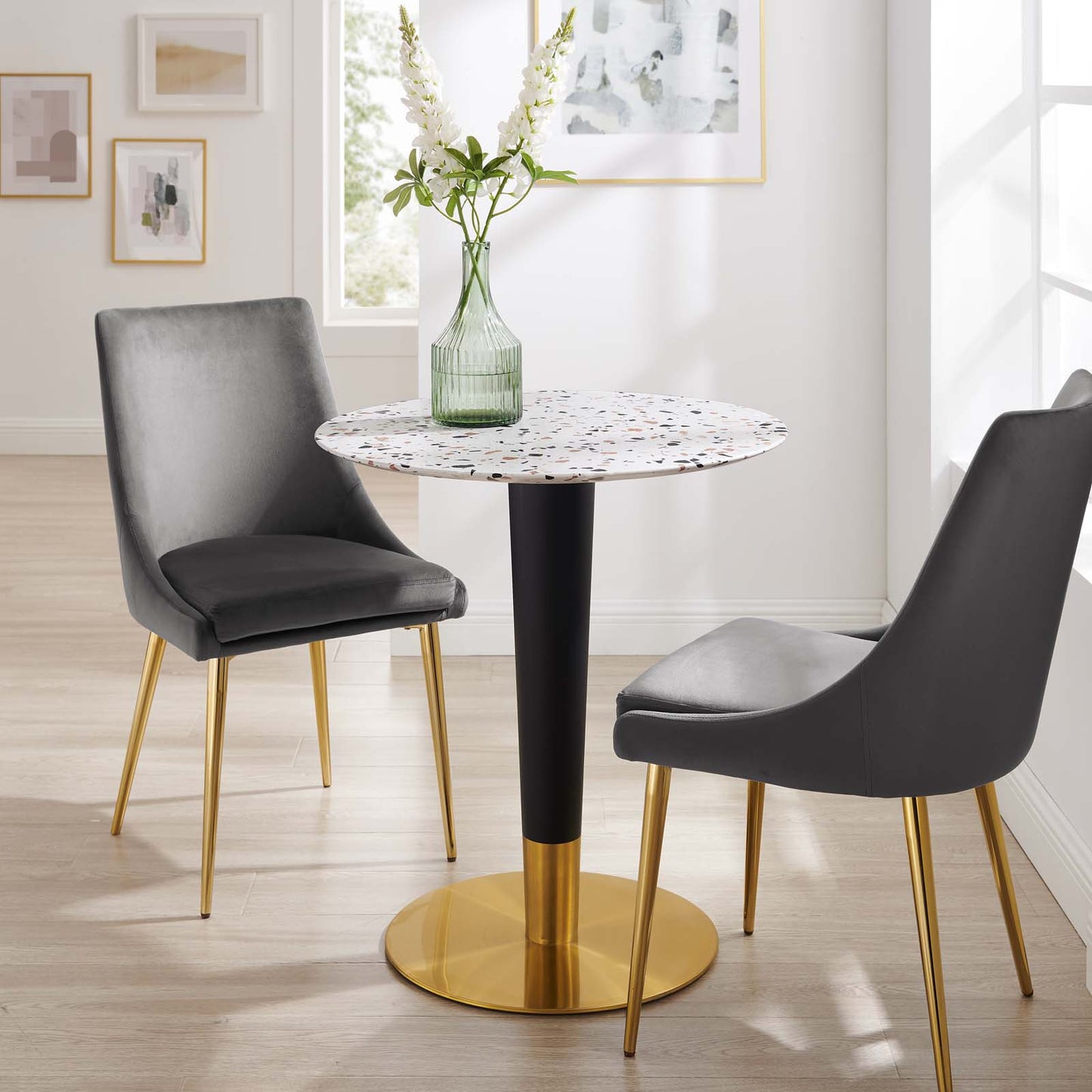Zinque 28" Round Terrazzo Dining Table in Gold White by Modway