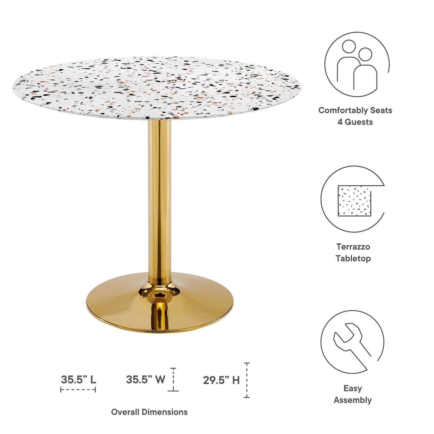 Verne 36" Round Terrazzo Dining Table in Gold White by Modway