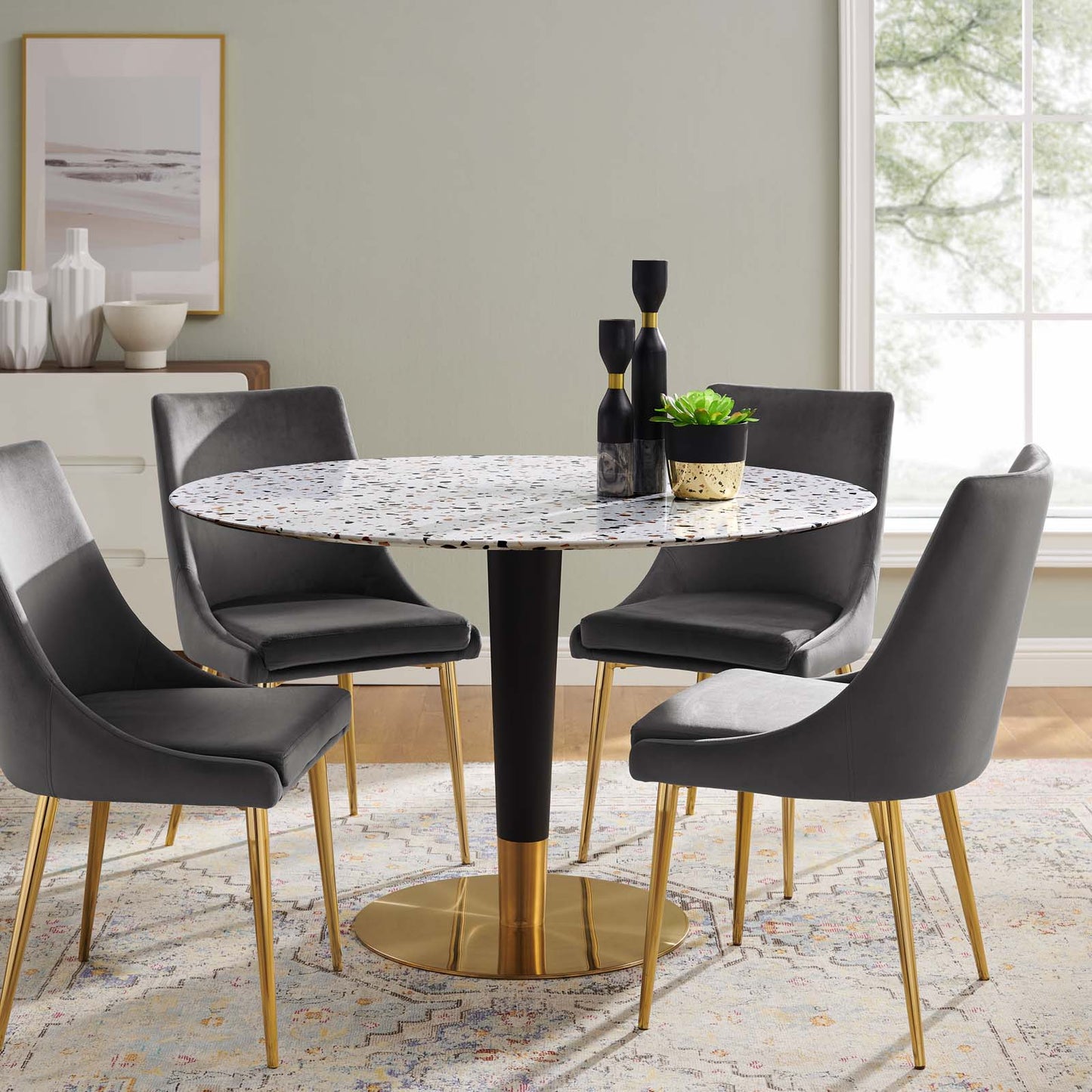 Zinque 47" Round Terrazzo Dining Table in Gold White by Modway