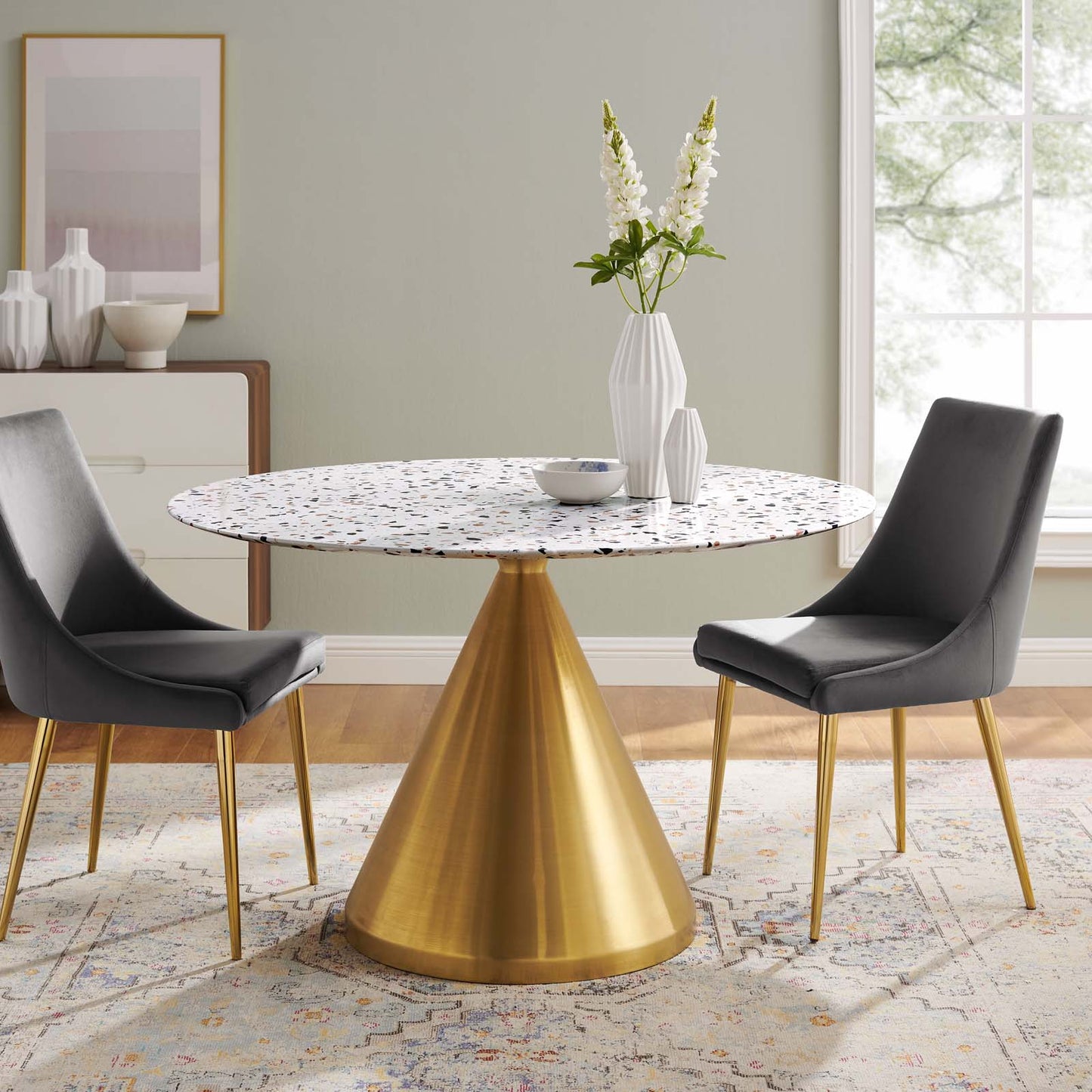 Tupelo 47" Round Terrazzo Dining Table in Gold White by Modway