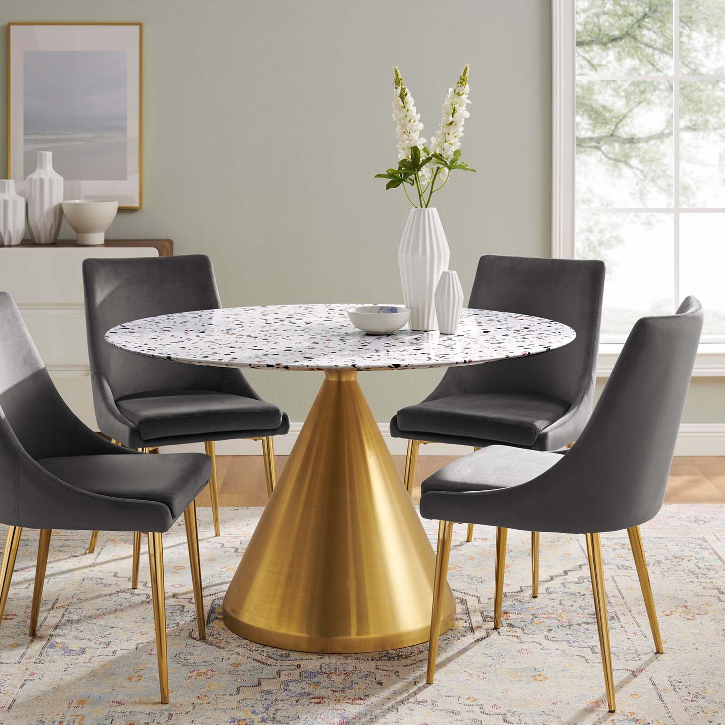 Tupelo 47" Round Terrazzo Dining Table in Gold White by Modway