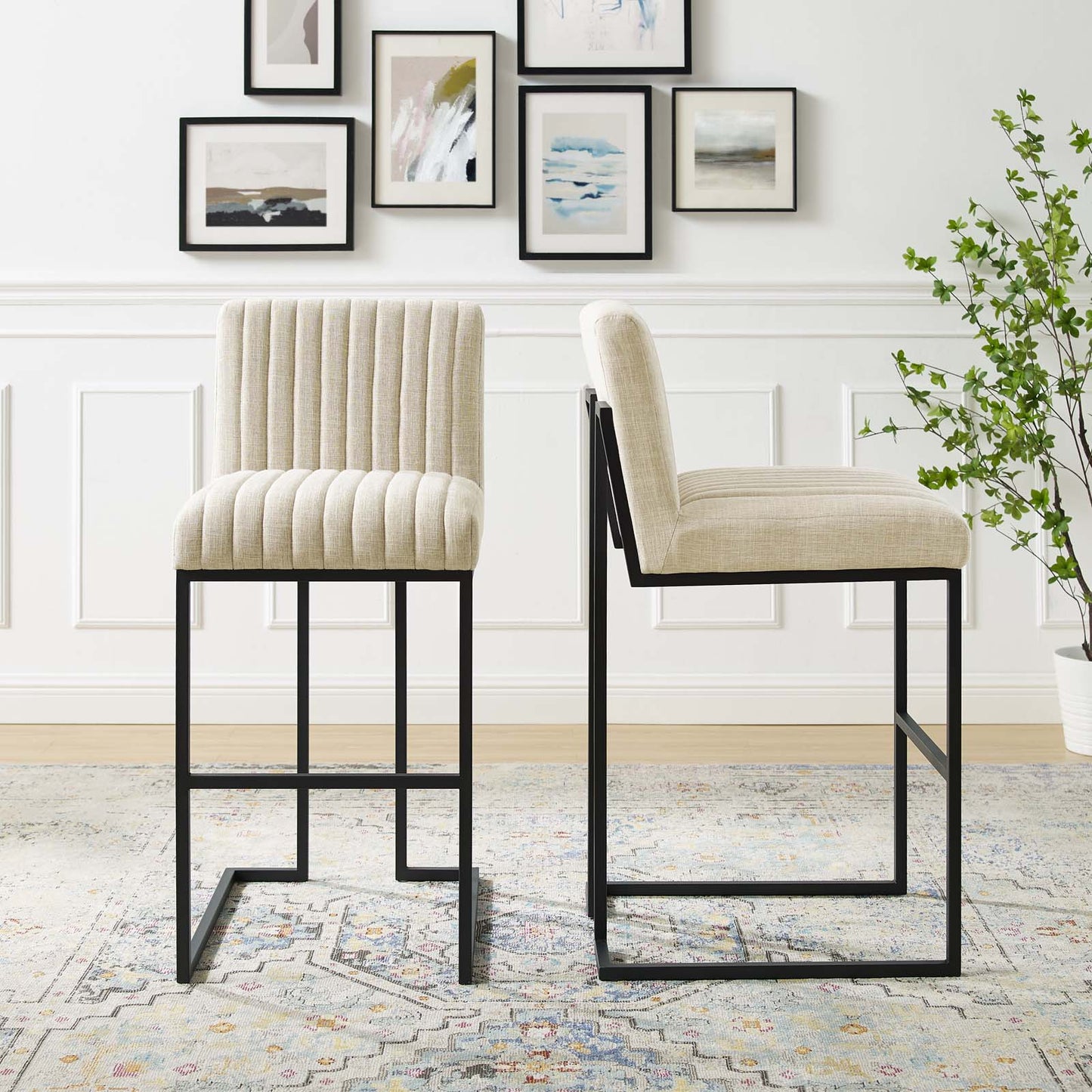 Indulge Channel Tufted Fabric Bar Stools - Set of 2 Beige | Polyester by Modway