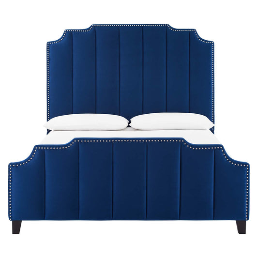 Lucille Queen Performance Velvet Platform Bed in Navy by Modway