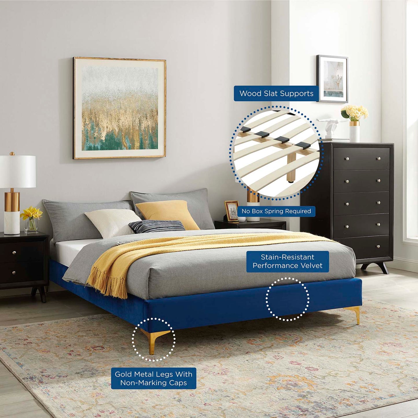 Sutton King Performance Velvet Bed Frame Navy by Modway