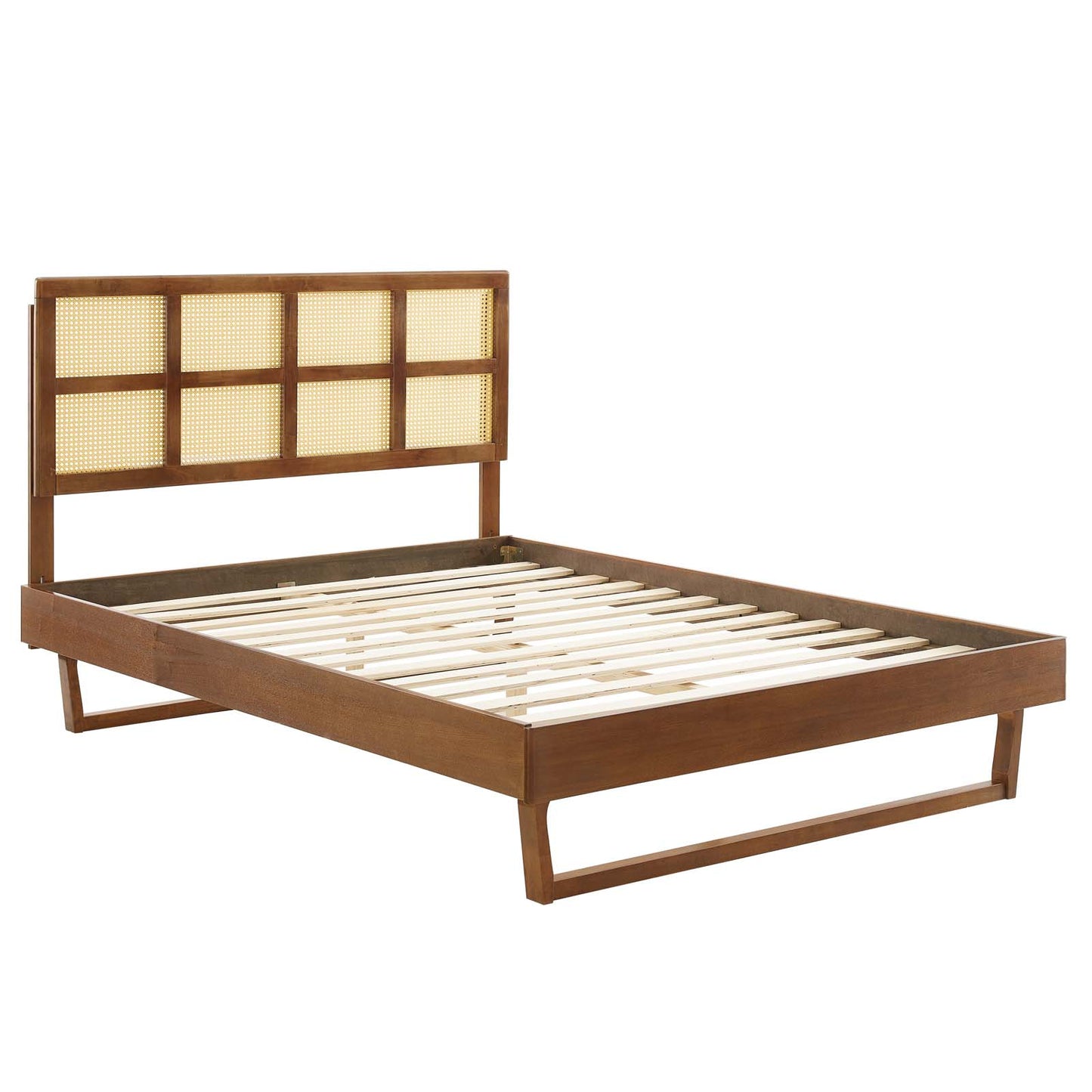 Sidney Cane and Wood Queen Platform Bed With Angular Legs Walnut by Modway