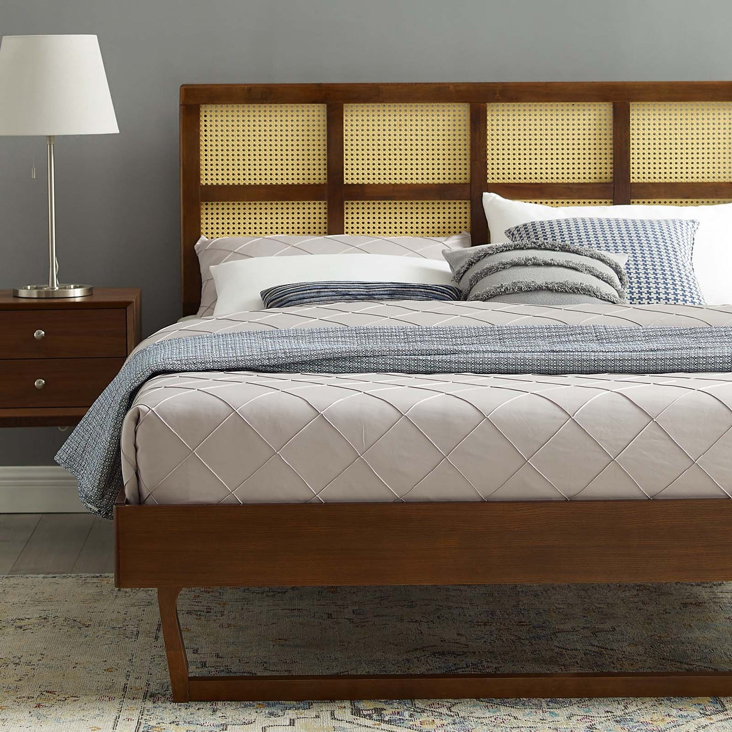 Sidney Cane and Wood King Platform Bed With Angular Legs by Modway