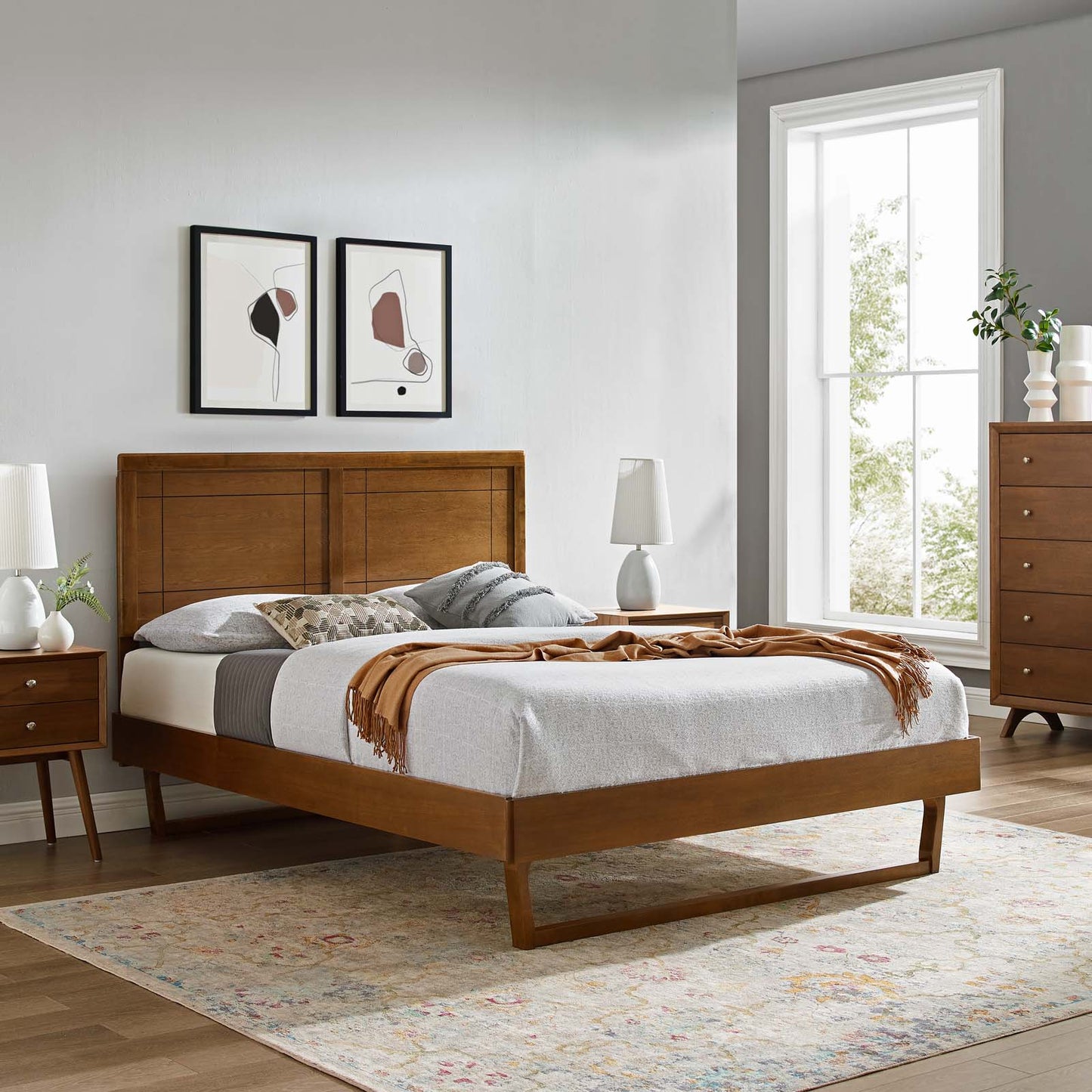 Marlee Queen Wood Platform Bed With Angular Frame Walnut by Modway