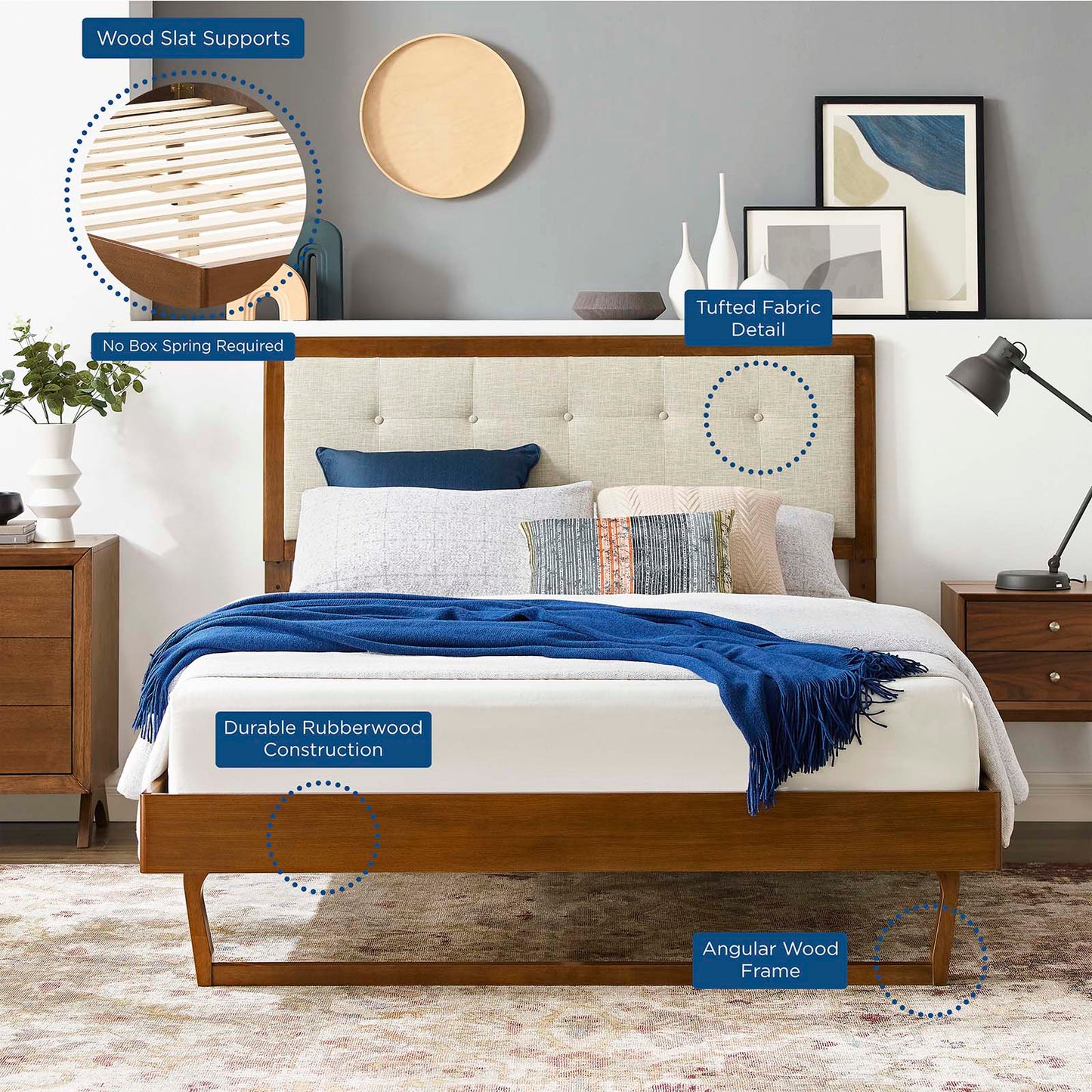 Willow Queen Wood Platform Bed With Angular Frame in Walnut Beige by Modway