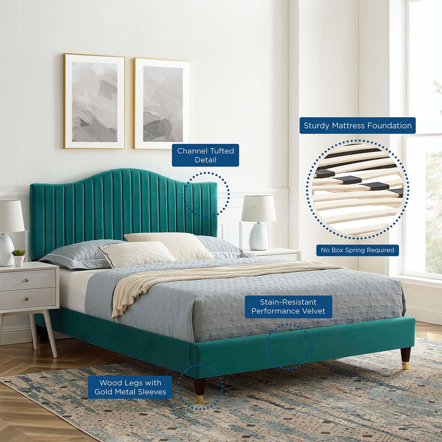 Juniper Channel Tufted Performance Velvet King Platform Bed in Teal by Modway