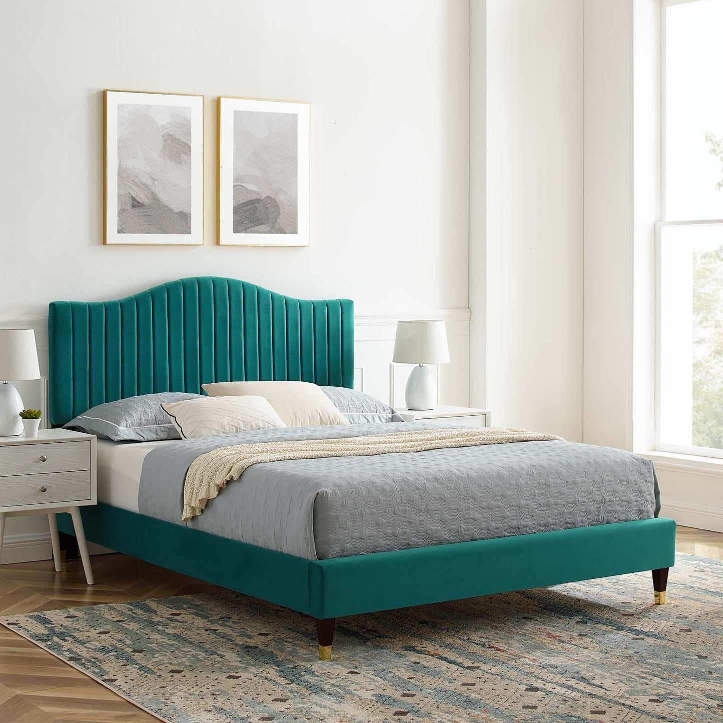 Juniper Channel Tufted Performance Velvet King Platform Bed in Teal by Modway