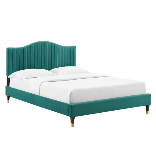 Juniper Channel Tufted Performance Velvet King Platform Bed in Teal by Modway