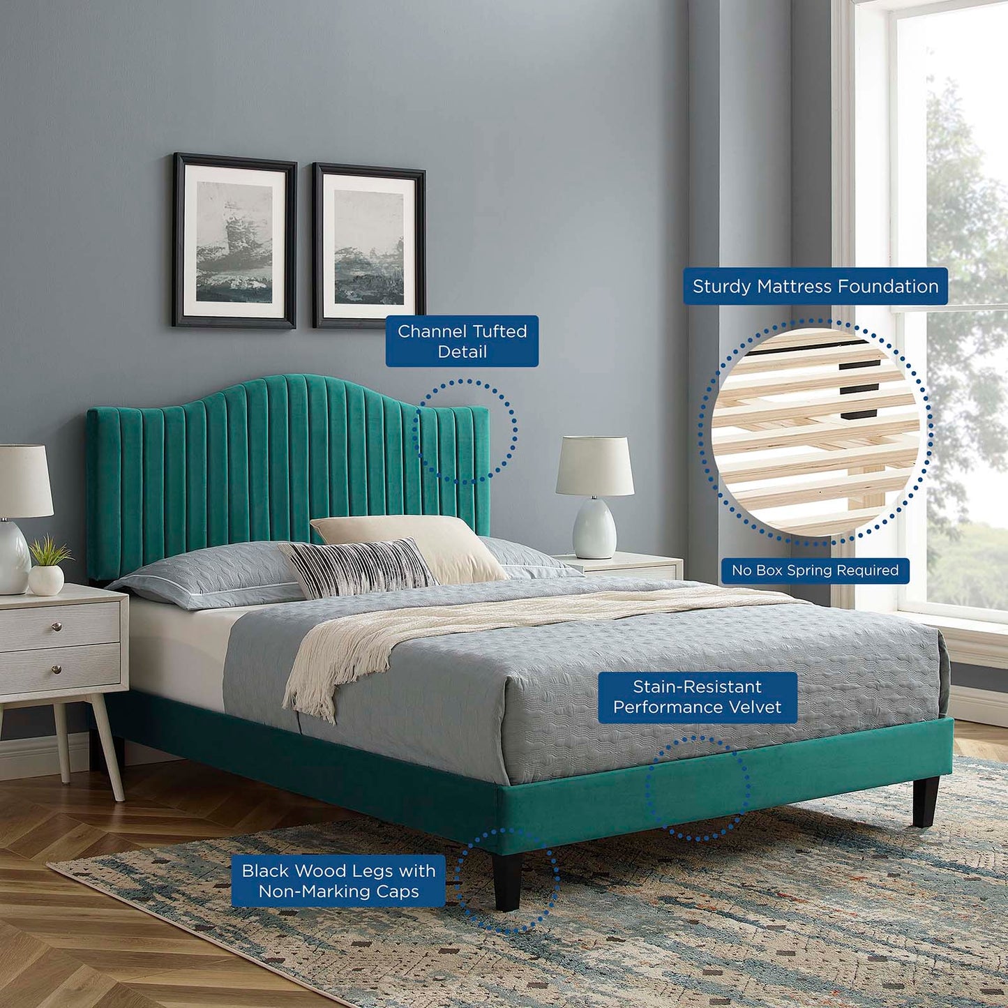Juniper Channel Tufted Performance Velvet King Platform Bed in Teal by Modway