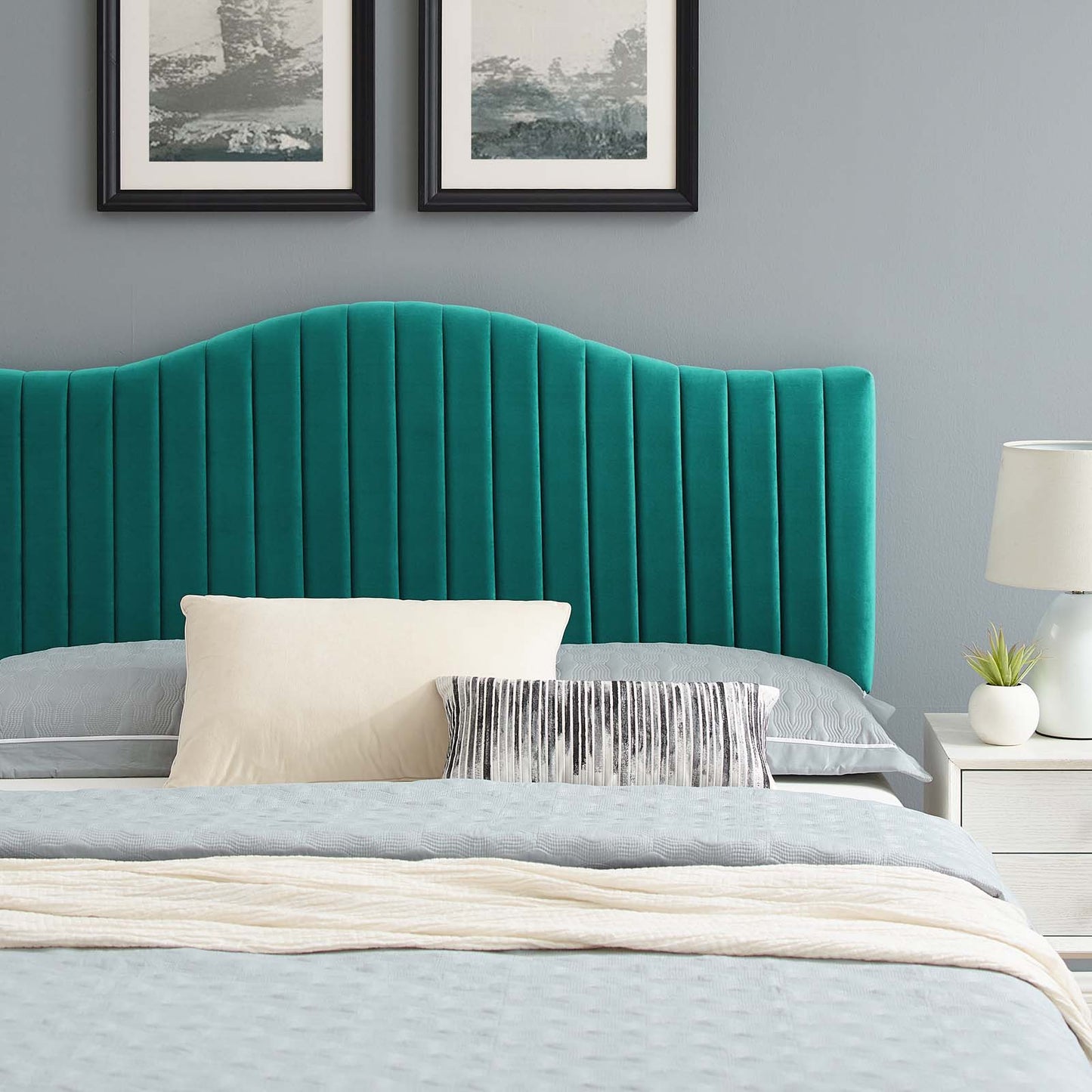 Juniper Channel Tufted Performance Velvet King Platform Bed in Teal by Modway