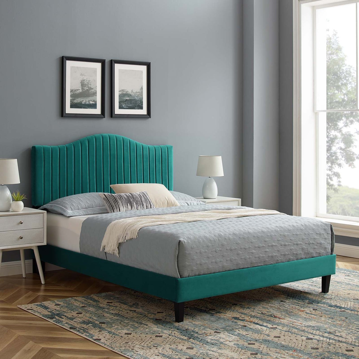 Juniper Channel Tufted Performance Velvet King Platform Bed in Teal by Modway