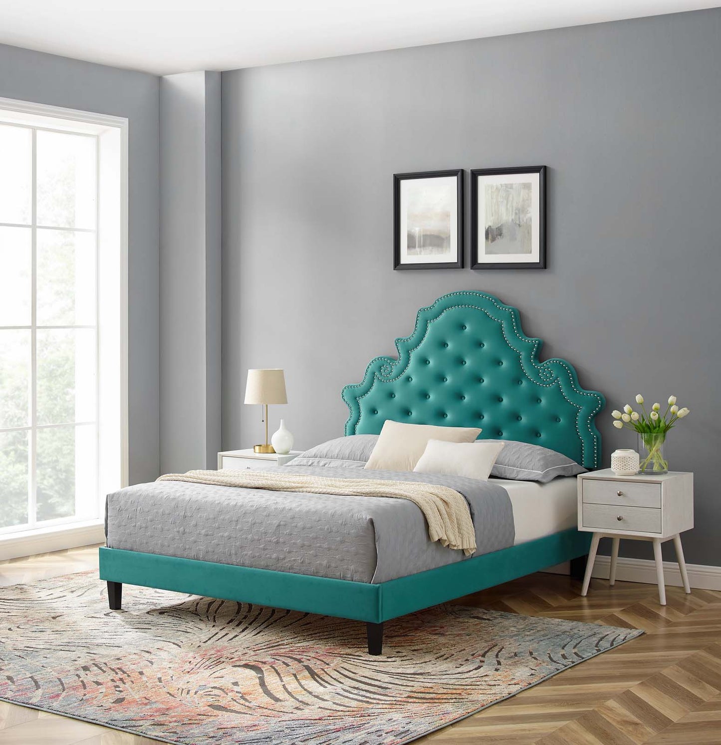 Gwyneth Tufted Performance Velvet King Platform Bed in Teal by Modway