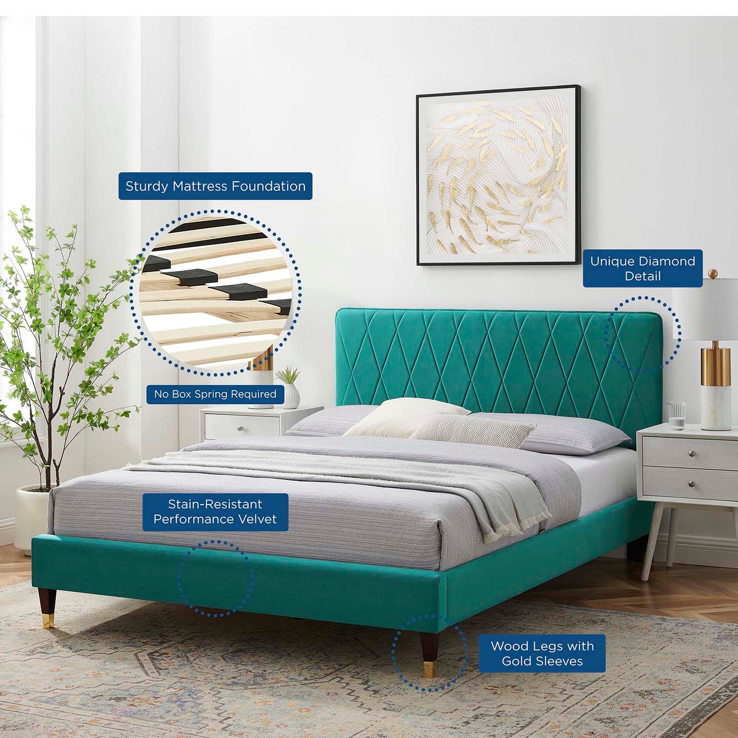 Phillipa Performance Velvet Twin Platform Bed in Teal by Modway