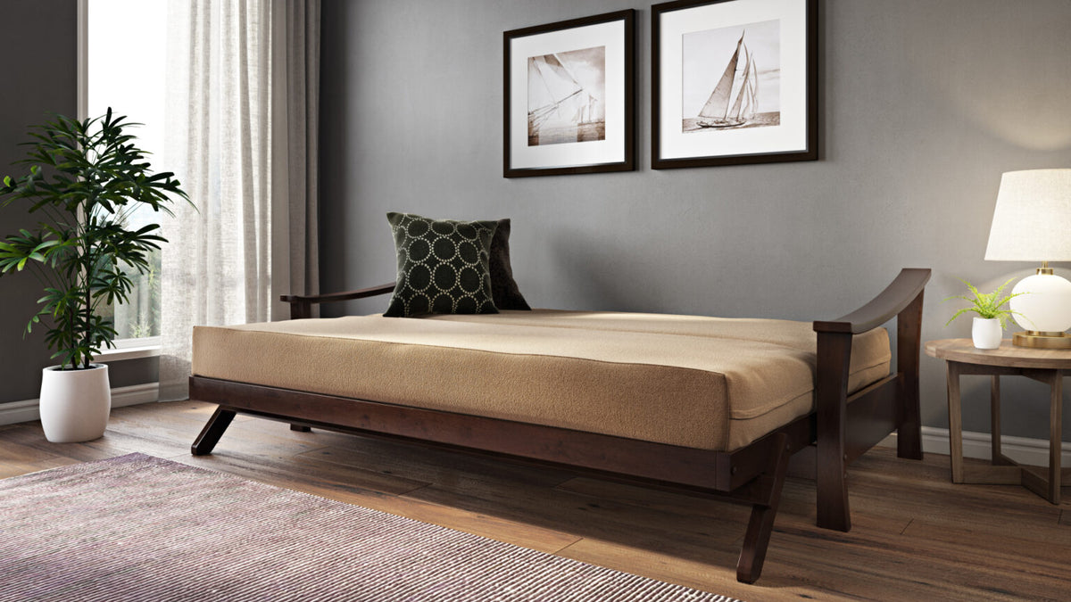 Pagoda Black Walnut Queen Wall Hugger Futon Frame