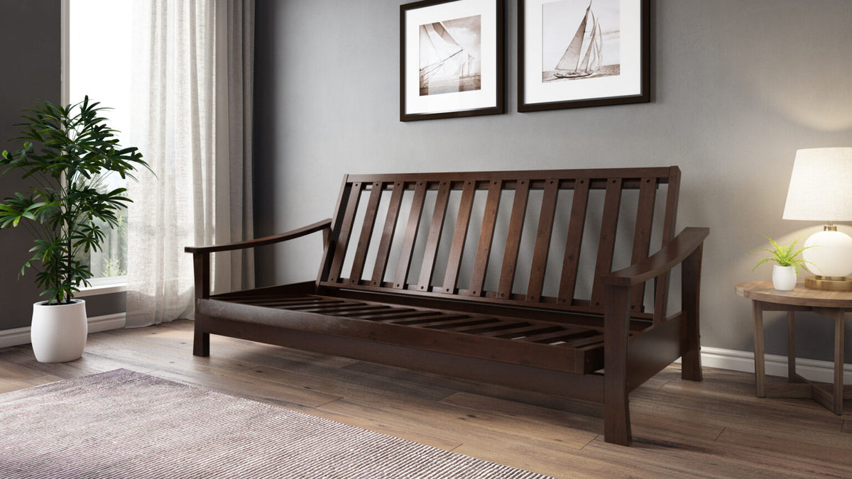 Pagoda Black Walnut Queen Wall Hugger Futon Frame