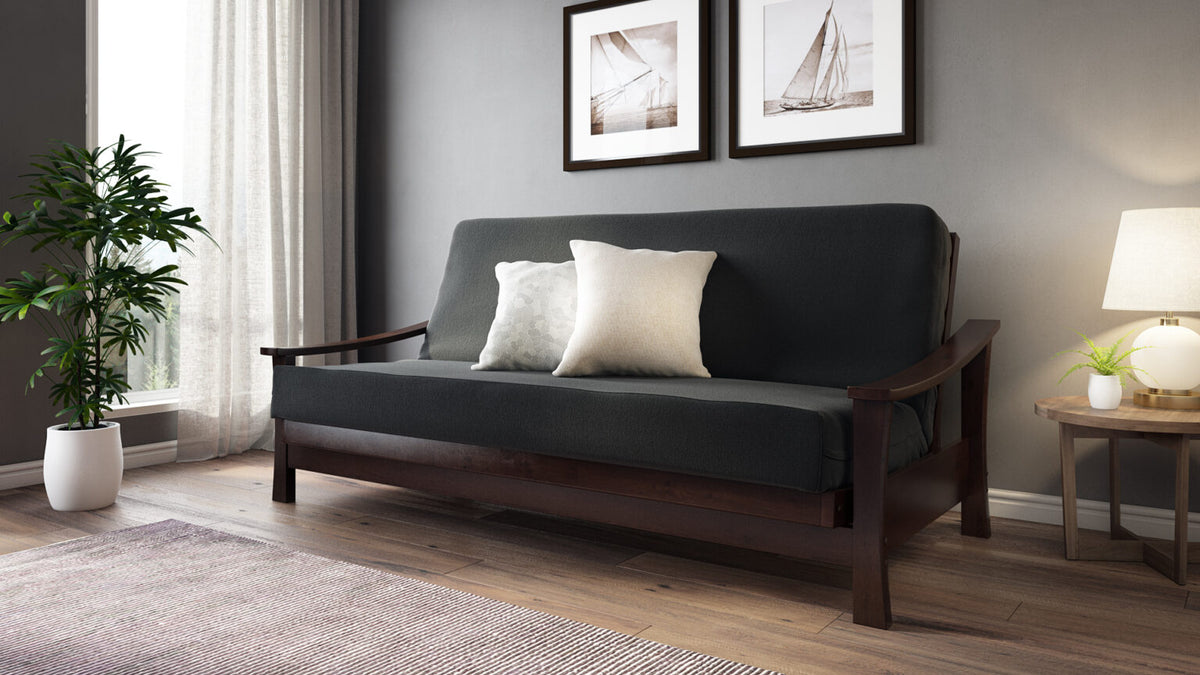 Pagoda Black Walnut Queen Wall Hugger Futon Frame