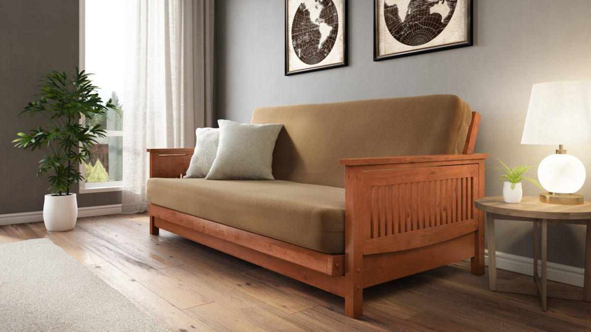 Tiro Warm Cherry Queen Wall Hugger Futon Frame