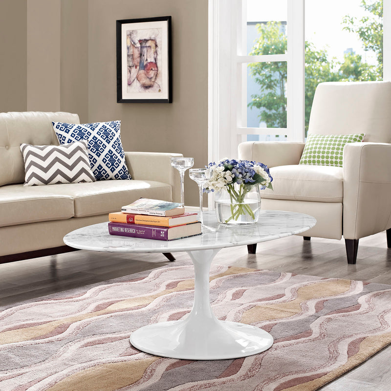 Lippa 48" Oval-Shaped Artificial Marble Coffee Table in White by Modway