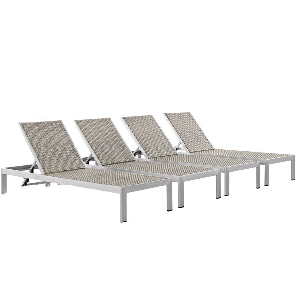 Shore Chaise Outdoor Patio Aluminum Set of 4 Silver Gray by Modway
