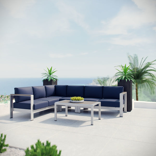 Shore 5 Piece Outdoor Patio Aluminum Sectional Sofa Set Silver by Modway