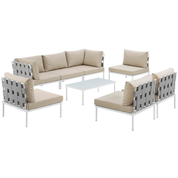 Harmony 8 Piece Outdoor Patio Aluminum Sectional Sofa Set in White Beige | Polyester by Modway