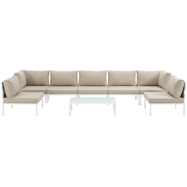 Harmony 8 Piece Outdoor Patio Aluminum Sectional Sofa Set in White Beige | Polyester by Modway