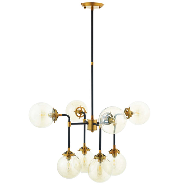 Ambition Amber Glass And Antique Brass 8 Light Pendant Chandelier in Black by Modway