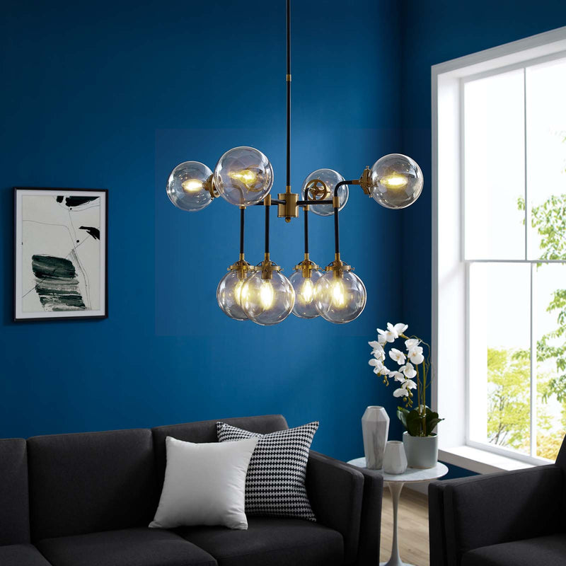 Ambition Amber Glass And Antique Brass 8 Light Pendant Chandelier in Black by Modway
