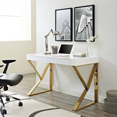 Adjacent Desk White - Gold in White Gold by Modway