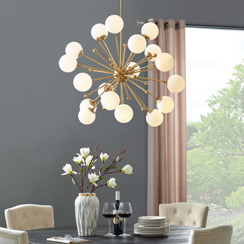 Constellation White Glass and Brass Pendant Chandelier in Gold by Modway