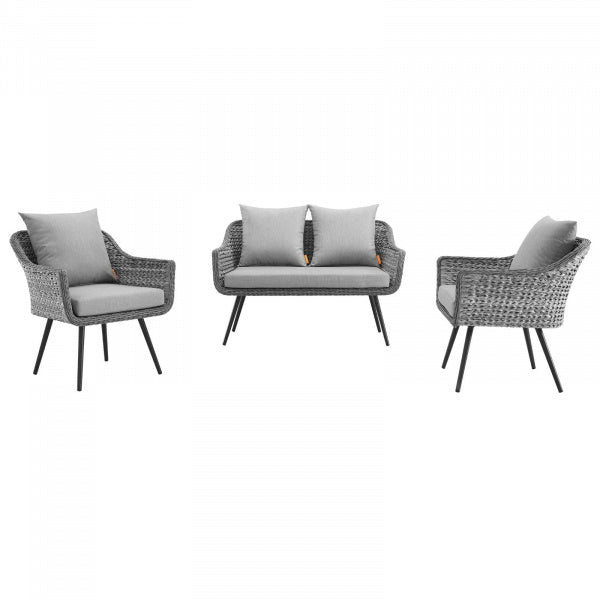Endeavor 3 Piece Outdoor Patio Wicker Rattan Loveseat and Armchair Set Gray Gray by Modway