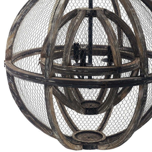 Gravitate Globe Rustic Oak Wood Pendant Light Chandelier in Brown by Modway