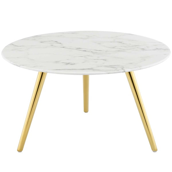 Lippa 28" Round Artificial Marble Coffee Table with Tripod Base Gold White By Modway